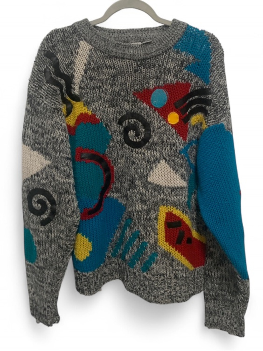 Vintage Heathered Gray Abstract Colorblock Sweater with Teal Accents